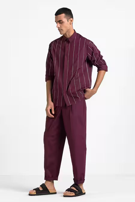 Three  Maroon Cotton Poplin Front Pleated Pant