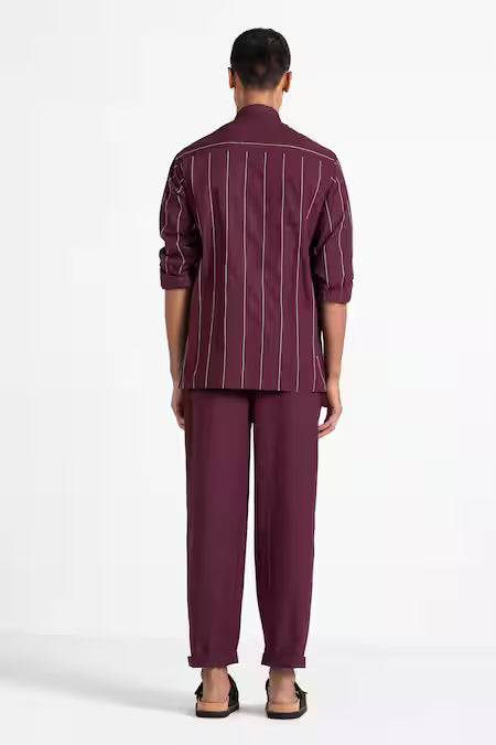 Three  Maroon Cotton Poplin Front Pleated Pant