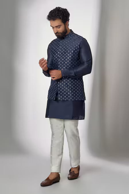 Spring Break  Blue Silk, Cotton Sequins Embroidered Nehru Jacket With Kurta Set