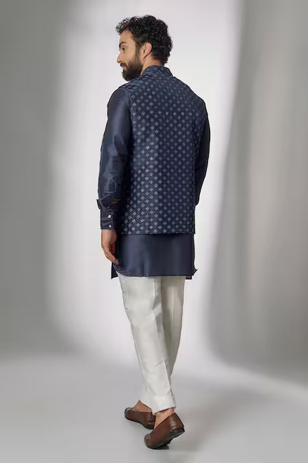 Spring Break  Blue Silk, Cotton Sequins Embroidered Nehru Jacket With Kurta Set