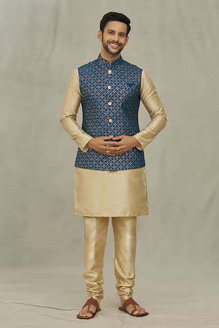 Arihant Rai Sinha  Blue Silk Sequins, Embroidery Bundi And Kurta Set