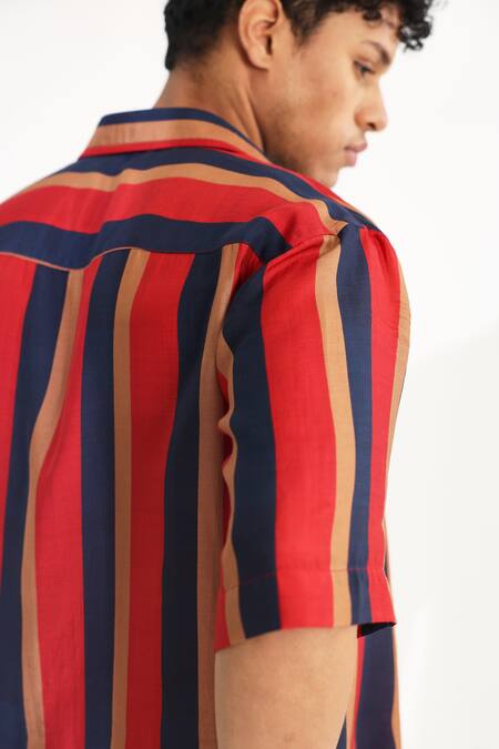 Koai  Red Cotton, Silk Striped Button Down Shirt