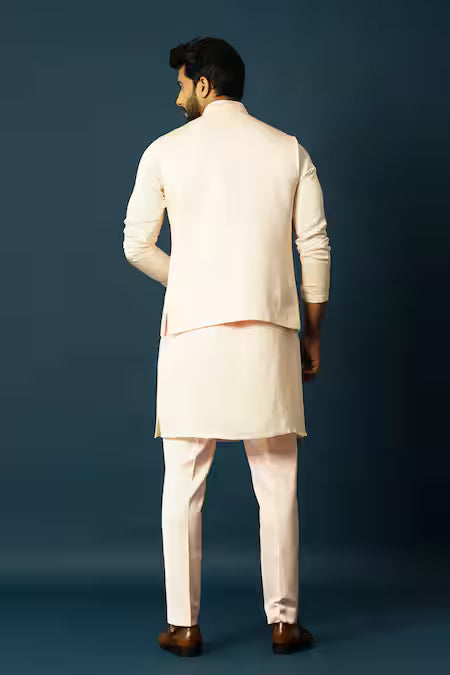 Yoseba  Pink Linen, Satin Embroidery Abstract Nehru Jacket