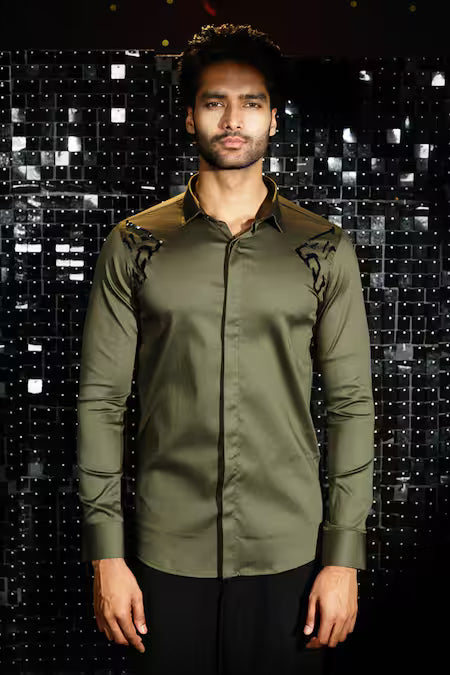 Sanjana Reddy Designs  Green Cotton Embroidery Two Side Panther Shirt