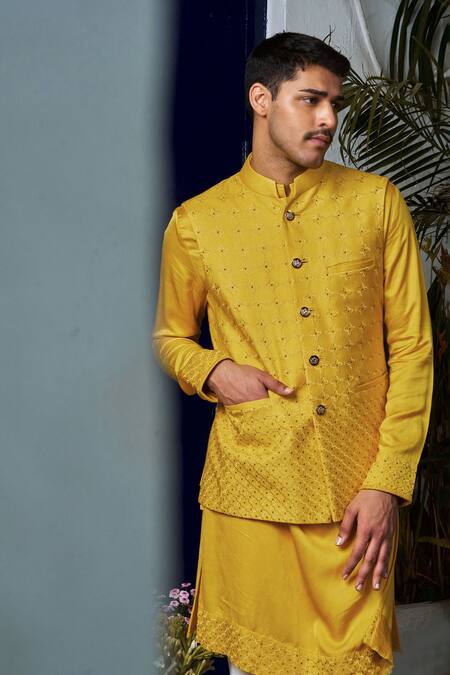 Philocaly  Yellow Cotton, Silk Embroidery Lattice Bundi Kurta Set