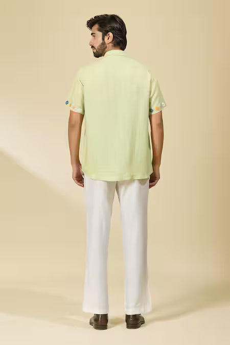 Ewoke  Green Hemp Embroidery Floral Shirt