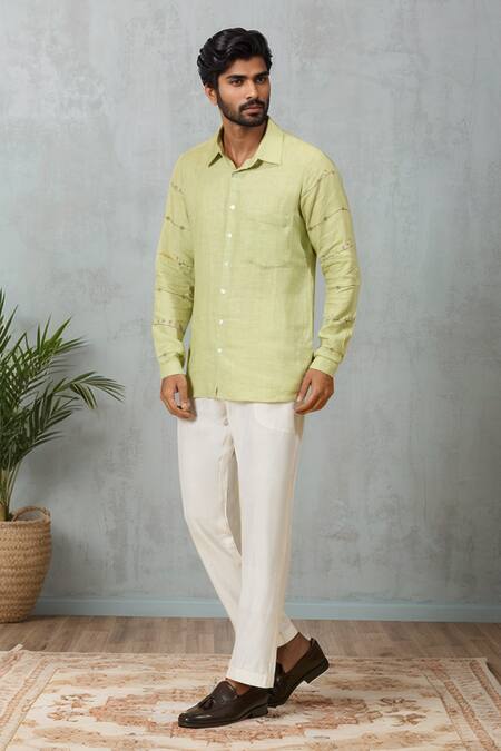 Ewoke  Green Hemp Embroidery Floral Sleeve Shirt