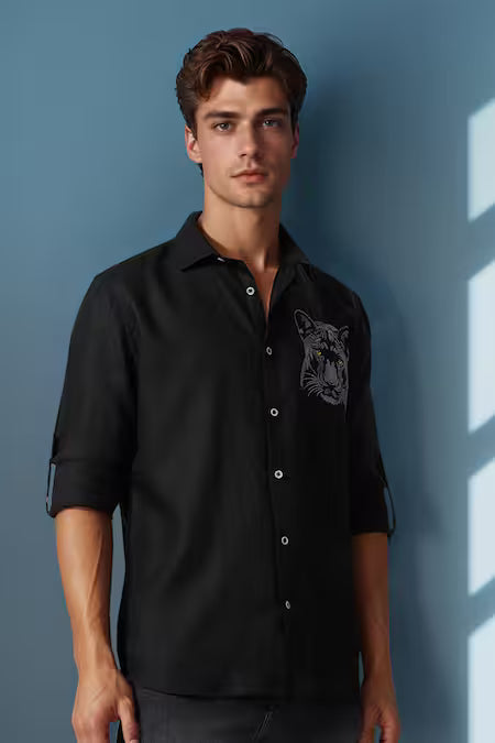 Arihant Rai Sinha  Black Linen Embroidery Panther Shirt