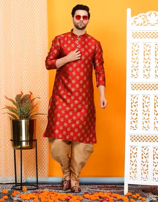 Over Crowd Men Leaves Jacquard Kurta & Gold Salwar set