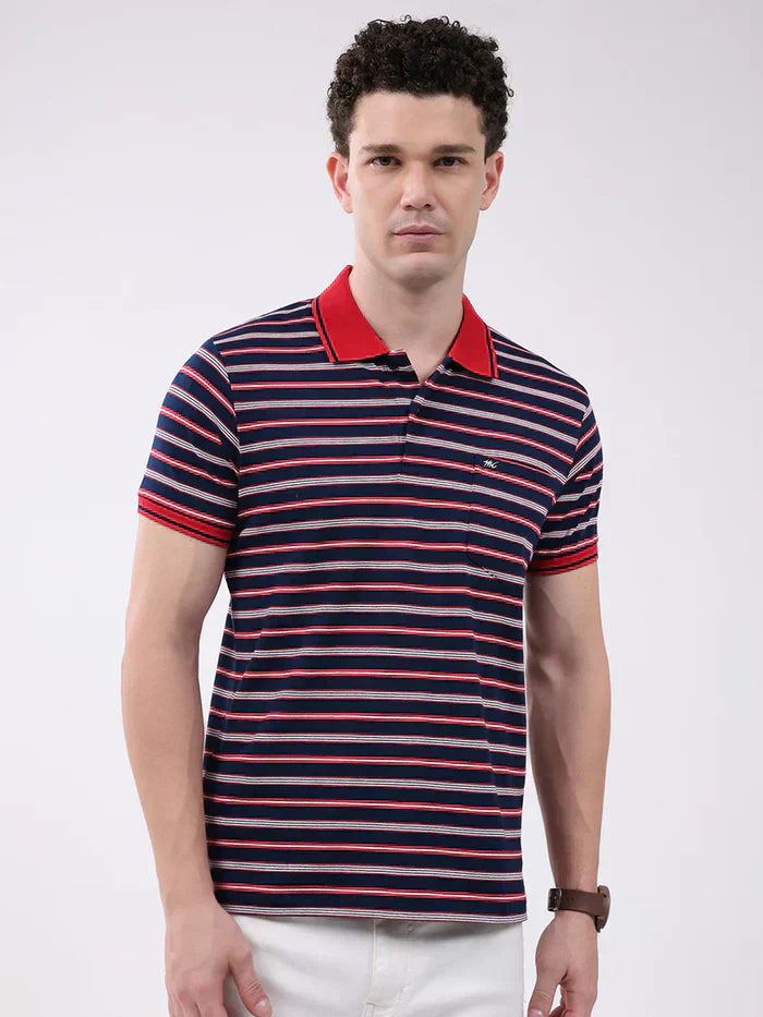 Men Navy Blue Stripe Collar Half Sleeve T-Shirt