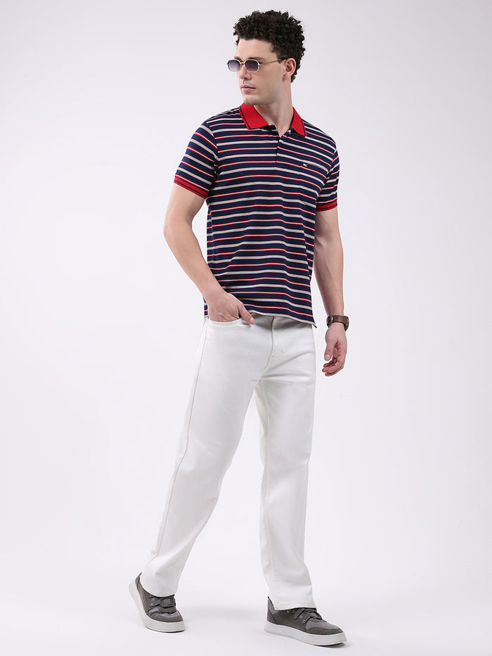 Men Navy Blue Stripe Collar Half Sleeve T-Shirt