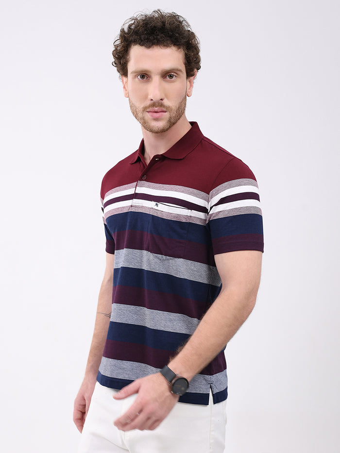 Men Maroon Stripe Collar Half Sleeve T-Shirt