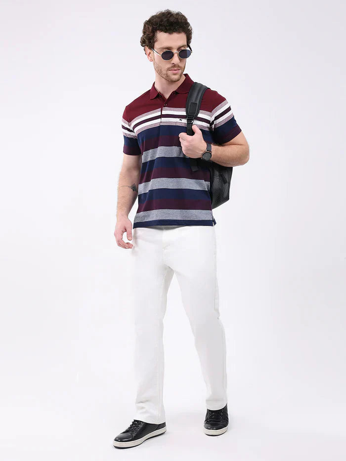 Men Maroon Stripe Collar Half Sleeve T-Shirt