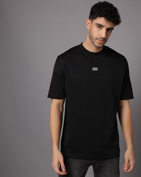 JACK & JONES Men Boxy Fit Logo Print Crew-Neck T-Shirt
