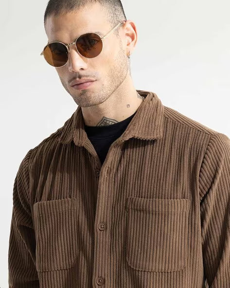 SNITCH Cozy Cord Ribbed Regular Fit Shirt with Patch Pockets