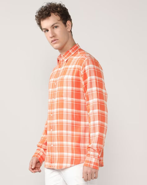 ALPHA TRIBE Men Check Regular Fit Cotton Shirt with Patch Pocket