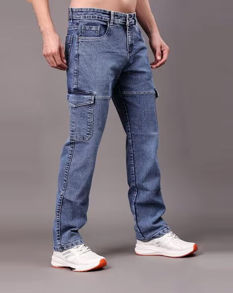 ZAYSH Men Mid-Wash Relaxed Fit Cargo Jeans