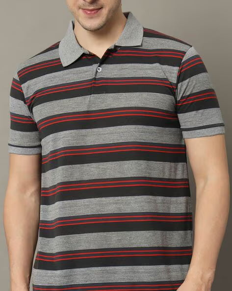 ALPHA TRIBE Men Stripes Print Regular Fit Polo T-Shirt