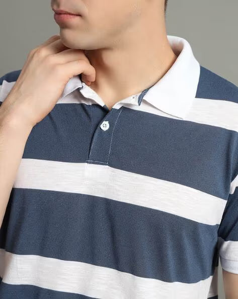 ALPHA TRIBE Men Stripes Print Regular Fit Polo T-Shirt
