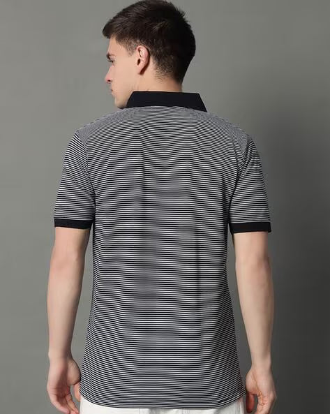 ALPHA TRIBE Men Stripes Print Regular Fit Polo T-Shirt