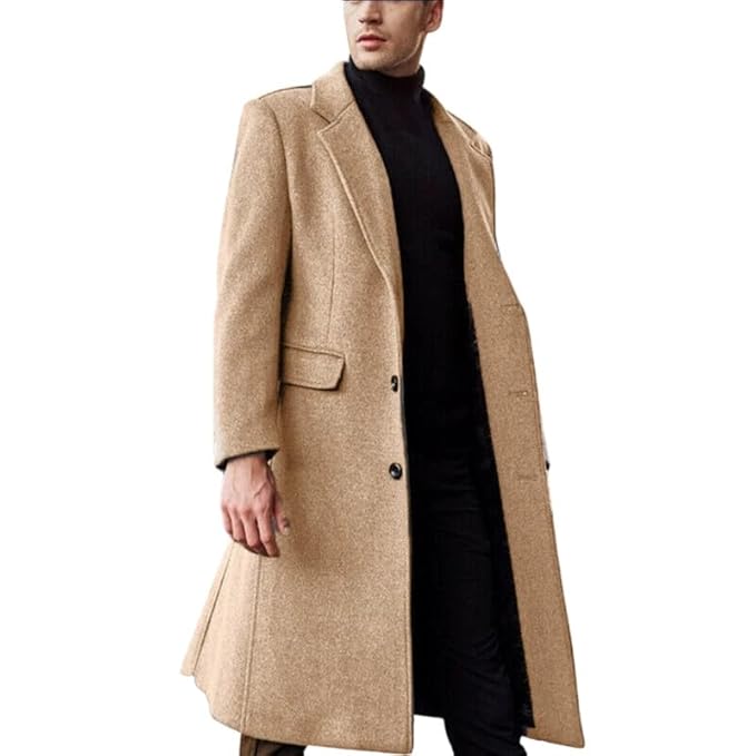 MASTYLE® Men's Wool Blend Long Trench Coat Single Breasted Slim Fit Winter Jacket