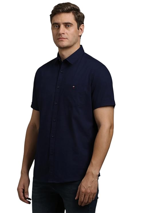 Louis Philippe Men's Textured Premium Cotton Slim fit Linen Blend Half Sleeve Casual Shirt with Soft Hand Feel