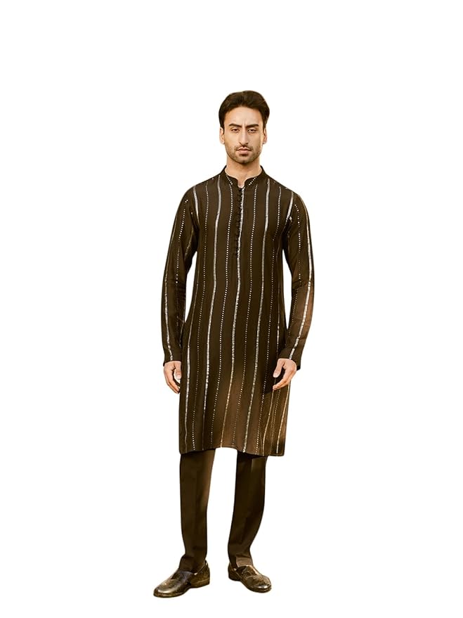 See Designs Men Full Sleeve Chanderi Silk Sequins Mandarin Collar Side Slit Kurta With Pyjama