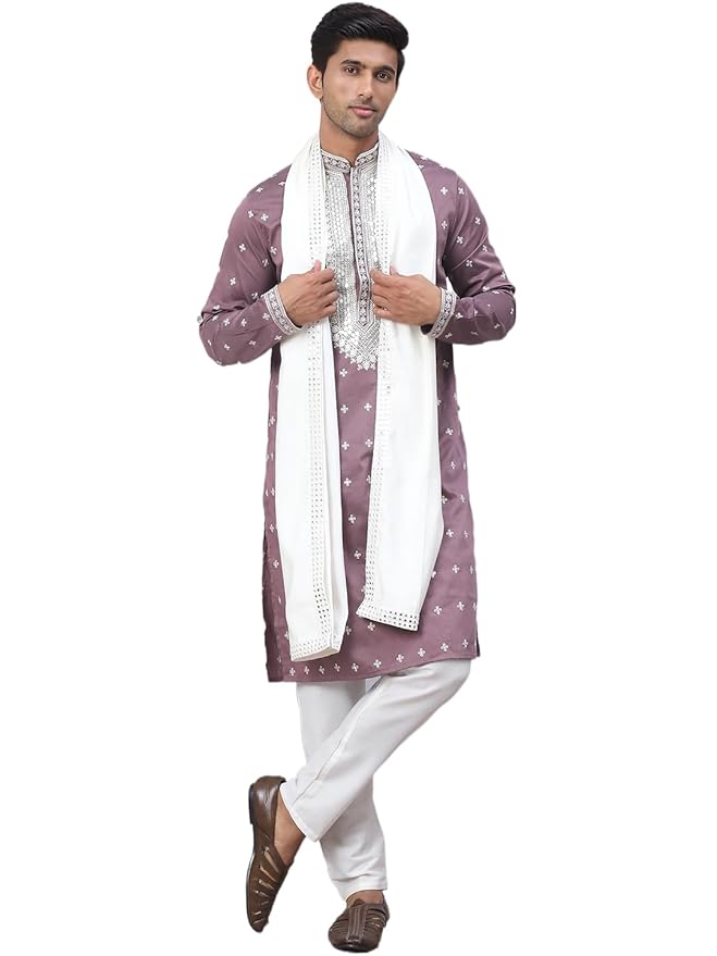 Jompers Men's Sequins Embroidered Kurta Pyjama With Dupatta.