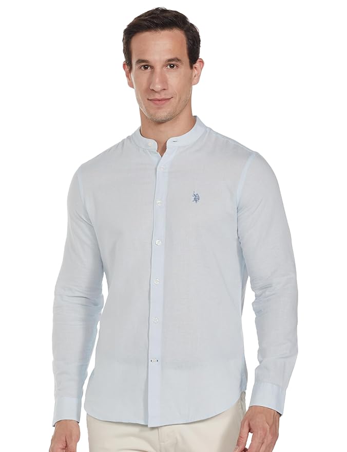 U.S. POLO ASSN. Men's Solid Cotton Linen Mandarin Collar Full Sleeve Shirts