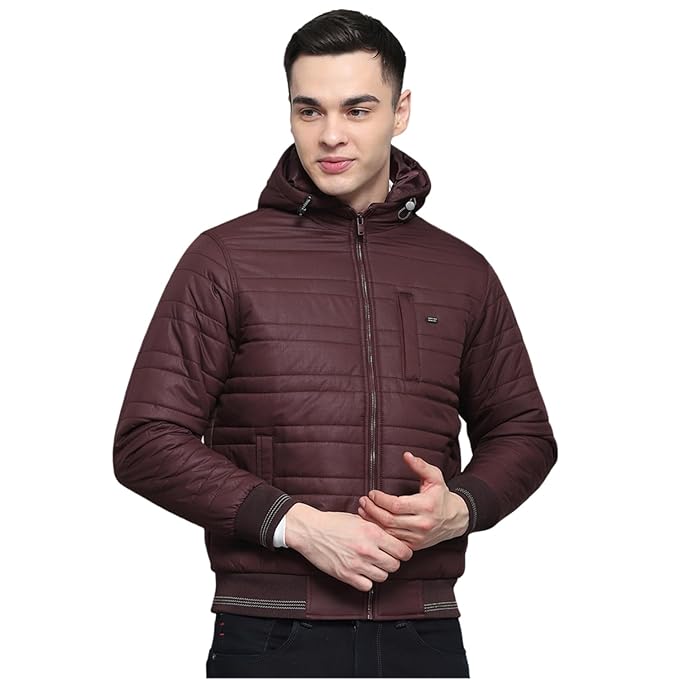 Monte Carlo Mens Solid Wine Hooded Neck Full Sleeve Jacket