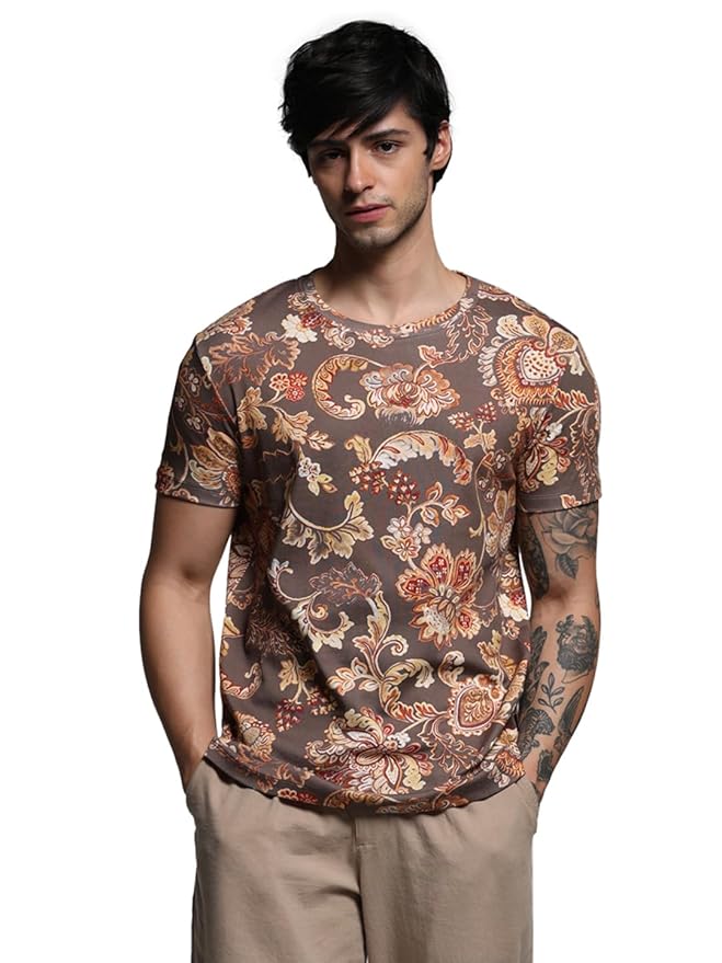 JACK & JONES Men's Printed Round Neck Cotton Slim Fit Tshirt