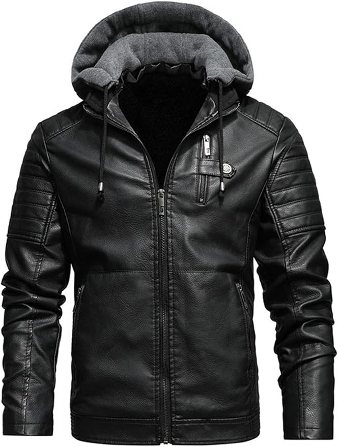 Blaq Ash Men's Faux Leather Hooded Motorcycle Jacket