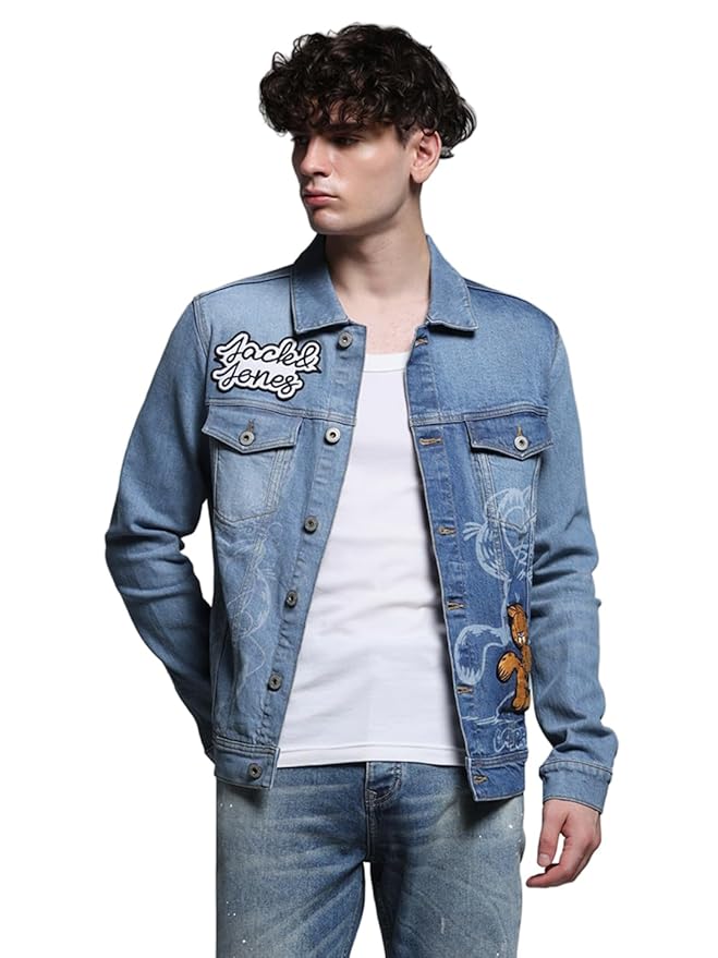 JACK & JONES Men Washed Colourblocked Crop Denim Jacket with Patchwork