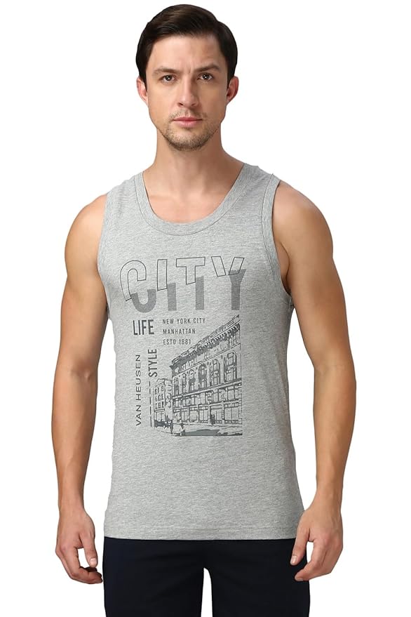 Van Heusen Men's Cotton Regular Fit Sport Graphic Print Vest - Super Soft, Sleeveless,