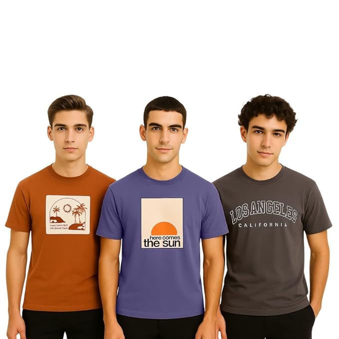 NOBERO 100% Cotton Tshirts for Men Combo Pack of 3 | Regular Fit | Printed | Round Neck Half Sleeve
