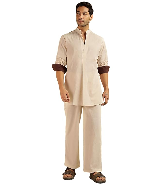 Amanush Men's Striped with Solid Pure Cotton Co-Ord Set For Men|2 Piece Sets|Trouser & Shirts Combo|Vacation Dress|Casual|Latest|New