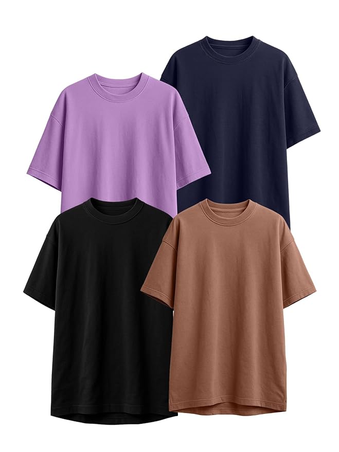 Veirdo® 100% Pure Cotton Oversized Loose Fit Half Sleeve Solid Core Round Neck Multicolor T-Shirt Combo for Men & Boys