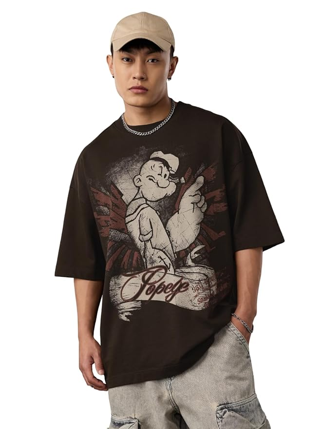 The Souled Store Popeye: Wings Men and Boys Short Sleeves Round Neck Brown Graphic Printed Cotton Oversized Heavy Gauge Fabric Drop Shoulder Streetwear All-Season T-Shirt