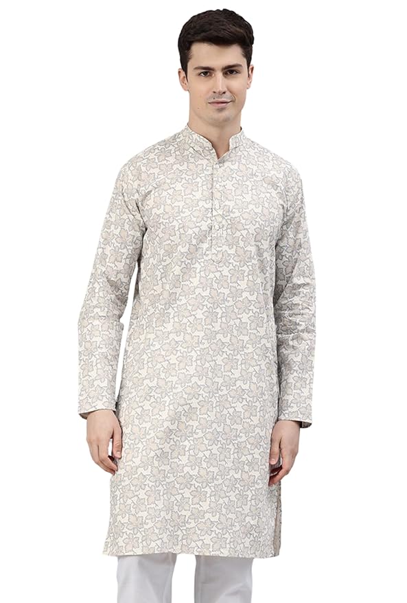 Majestic Man Men's Cotton Regular Fit Casual Mandarin Collar Ethnic Motifs Printed Long Regular Kurta