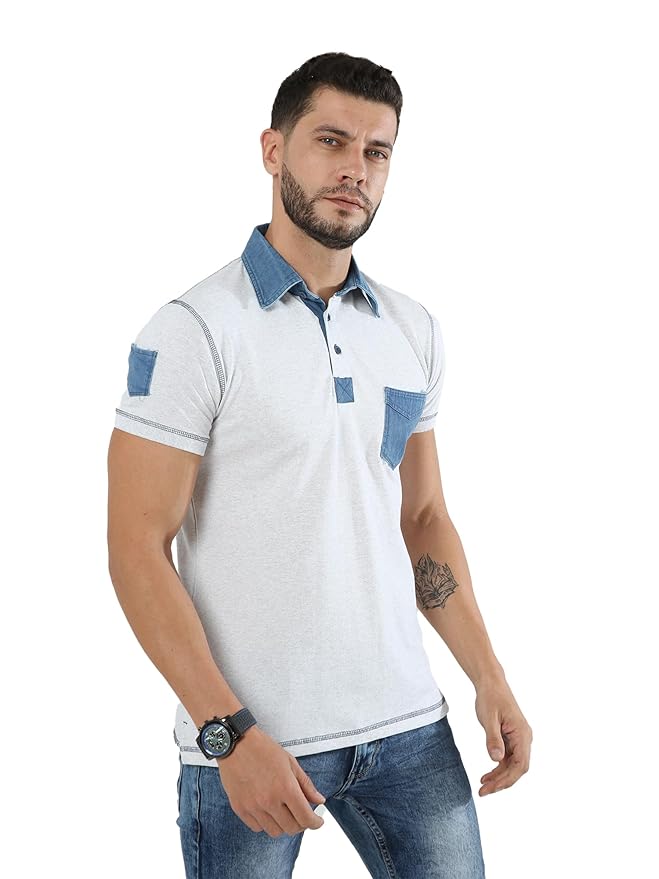 fanideaz Men's Denim Collar Premium Polo T Shirt with Denim Pocket