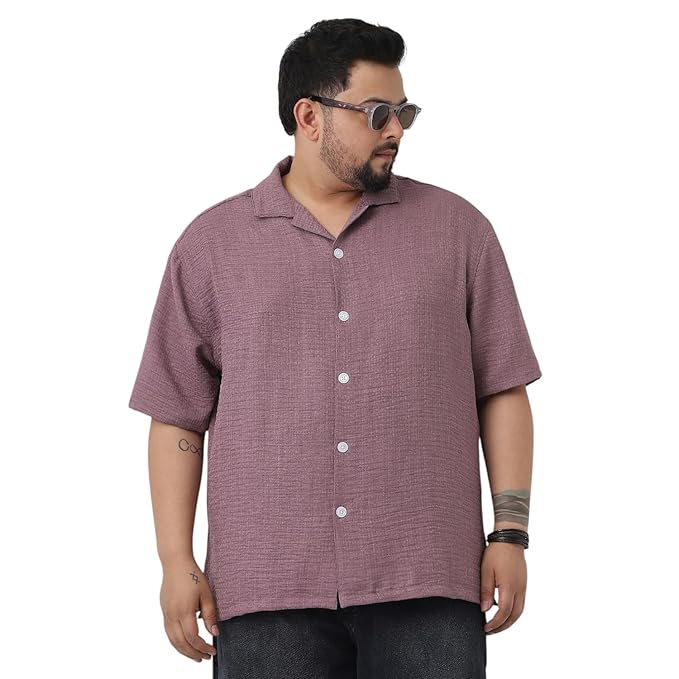 Urbano Plus Men's Cotton Half Sleeve Oversized Fit Textured Shirt with Cuban Collar