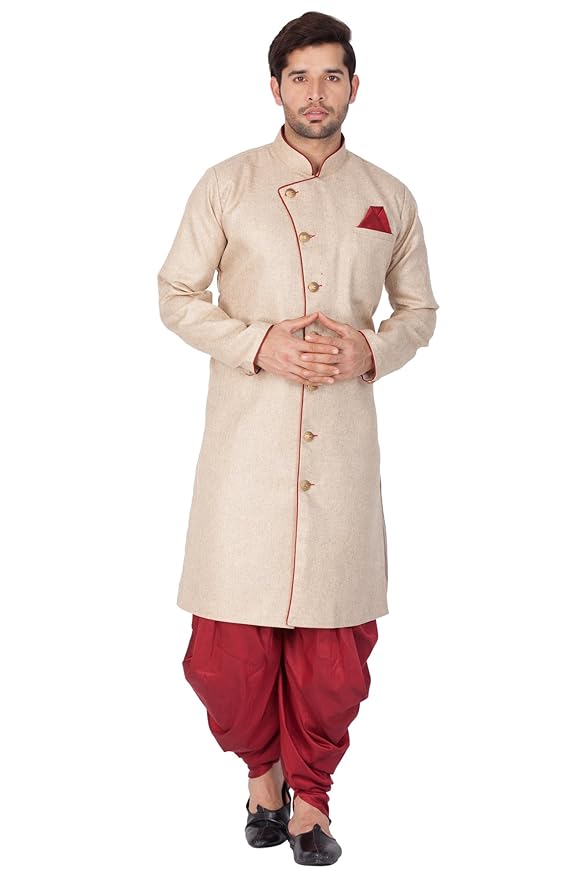 VASTRAMAY Vm Mens Cotton Blend Casual Style Sherwani Patiala Dhoti Set - Regal Ethnic Ensemble For Weddings And Festivals | Indowestern Angrakha Style Sherwani With Cowl Style Patiala Dhoti Pant Set