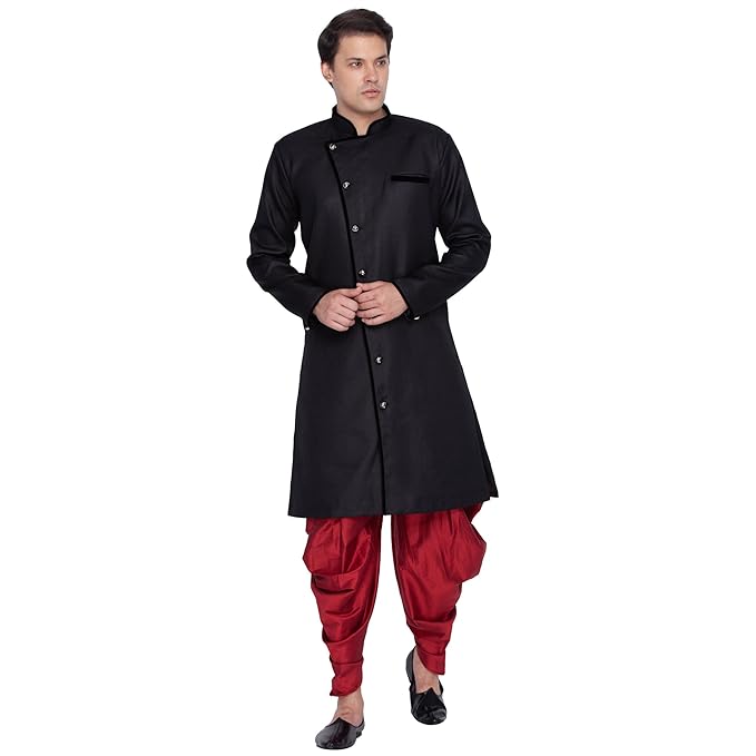 VASTRAMAY Vm Mens Cotton Blend Casual Style Sherwani Patiala Dhoti Set - Regal Ethnic Ensemble For Weddings And Festivals | Indowestern Angrakha Style Sherwani With Cowl Style Patiala Dhoti Pant Set