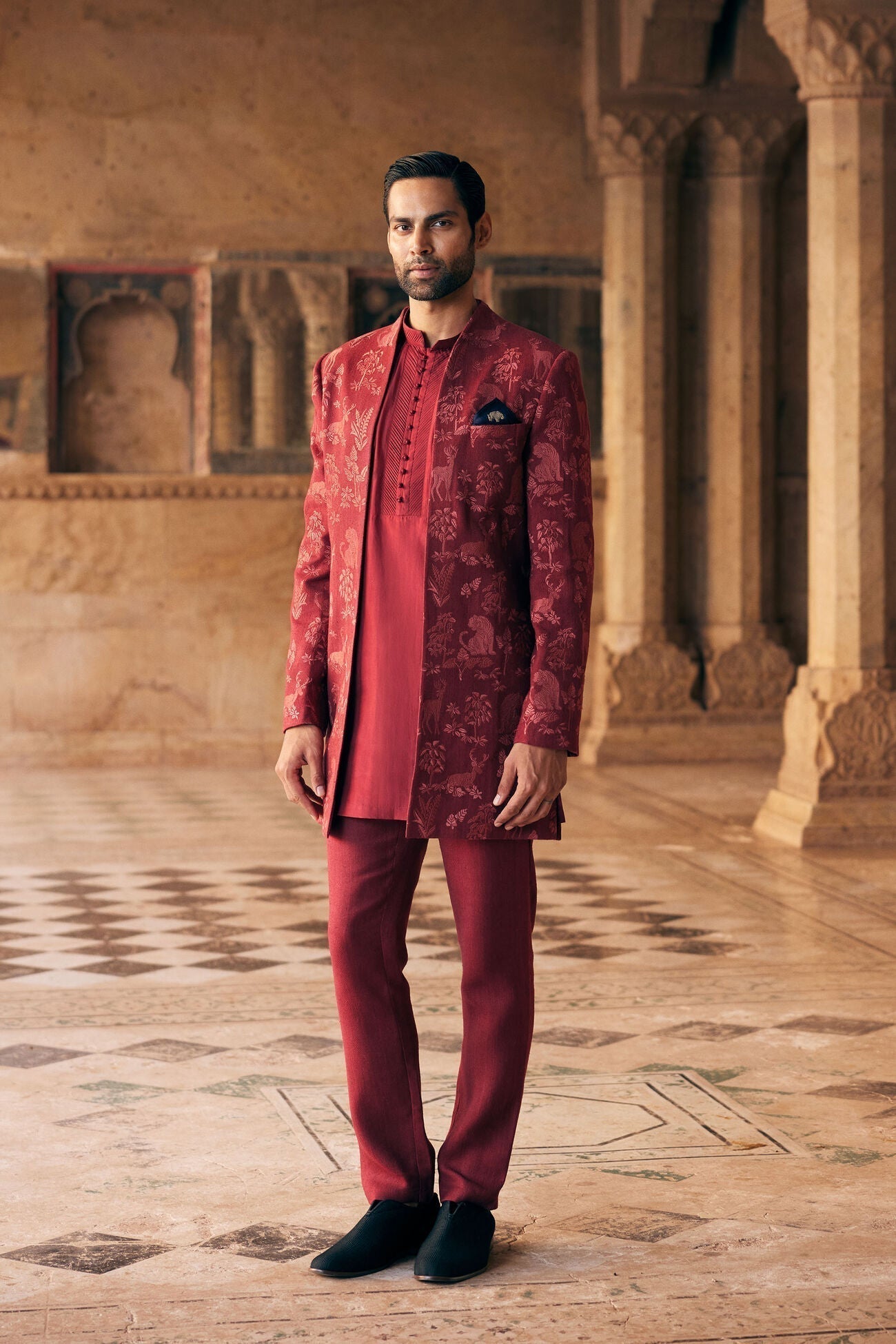 Silas Embroidered Silk Sherwani - Maroon