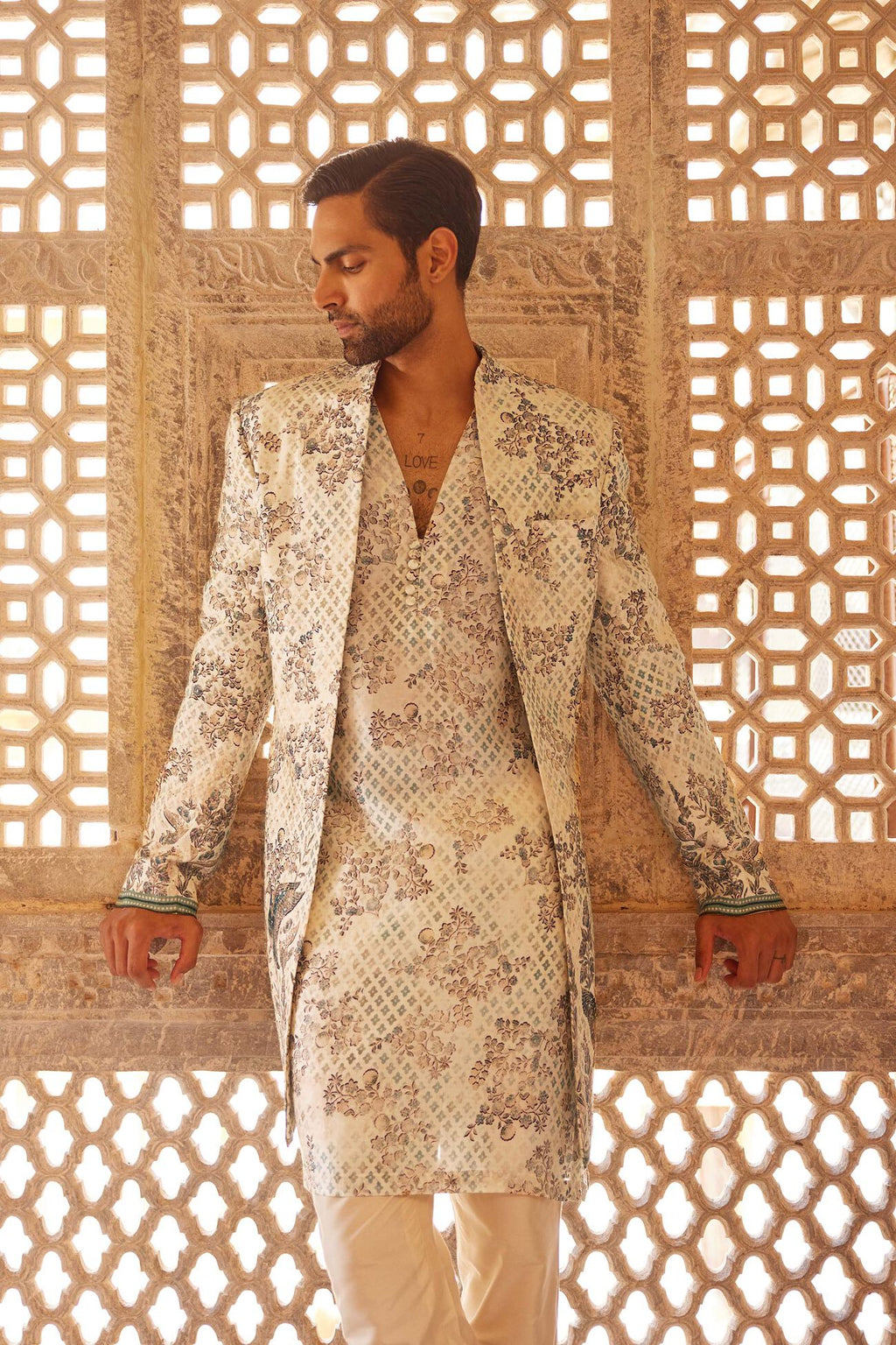 Rukham Printed Silk Sherwani - Ivory