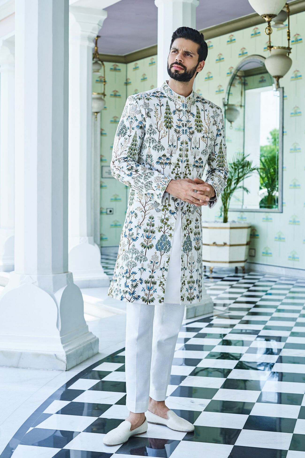 Taksh Hand-painted Pichhwai Silk Sherwani - Off White