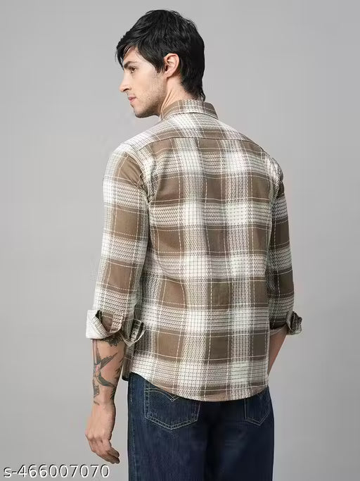 Double Pocket Men’s Brown & White Checked Casual Shirt – Full Sleeve Cotton Blend Full Sleeve Regular Fit Shirt with Dual Flap Pockets for Office, Party & Daily Wear