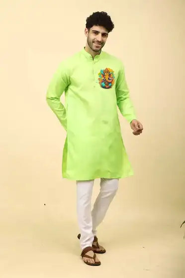 Men Self Design Kurta (Green)