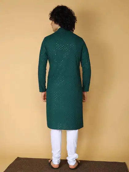 Men Chikan Embroidery Kurta (Green)