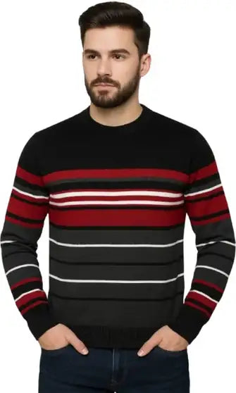 Striped Round Neck Casual Men Acrylic Blend Black Sweater